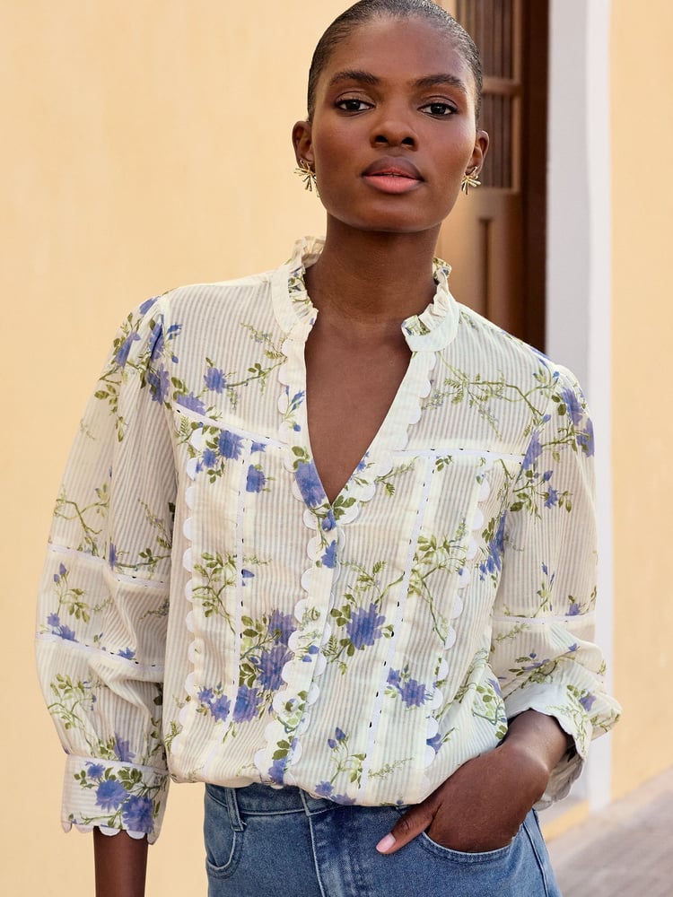 Love & Roses Ivory White Floral V Neck Ric Rac Trim Blouse - Image 1 of 4 Love & Roses Ivory White Floral V Neck Ric Rac Trim Blouse - Image 1 of 4