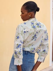 Love & Roses Ivory White Floral V Neck Ric Rac Trim Blouse - Image 2 of 4