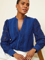 Love & Roses Cobalt Blue Lace Long Sleeve Button Front V Neck Blouse - Image 1 of 4