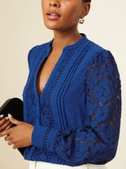Love & Roses Cobalt Blue Lace Long Sleeve Button Front V Neck Blouse - Image 2 of 4