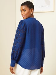 Love & Roses Cobalt Blue Lace Long Sleeve Button Front V Neck Blouse - Image 3 of 4