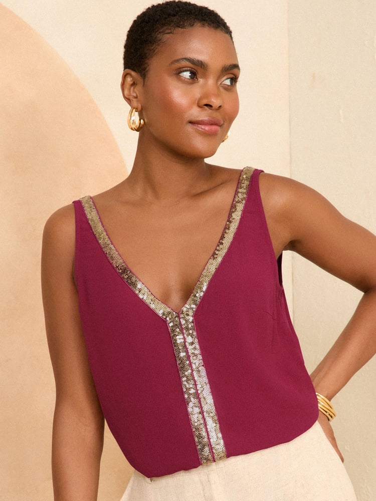 Love & Roses Purple Trim Detail V Neck Vest Top - Image 1 of 4