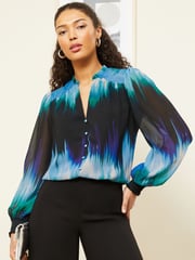 Love & Roses Blue Ombre Printed V Neck Puff Sleeve Blouse - Image 1 of 4