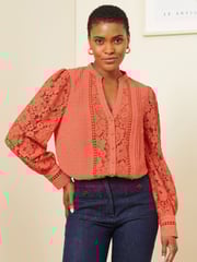 Love & Roses Coral Orange Lace Long Sleeve Button Front V Neck Blouse - Image 1 of 4