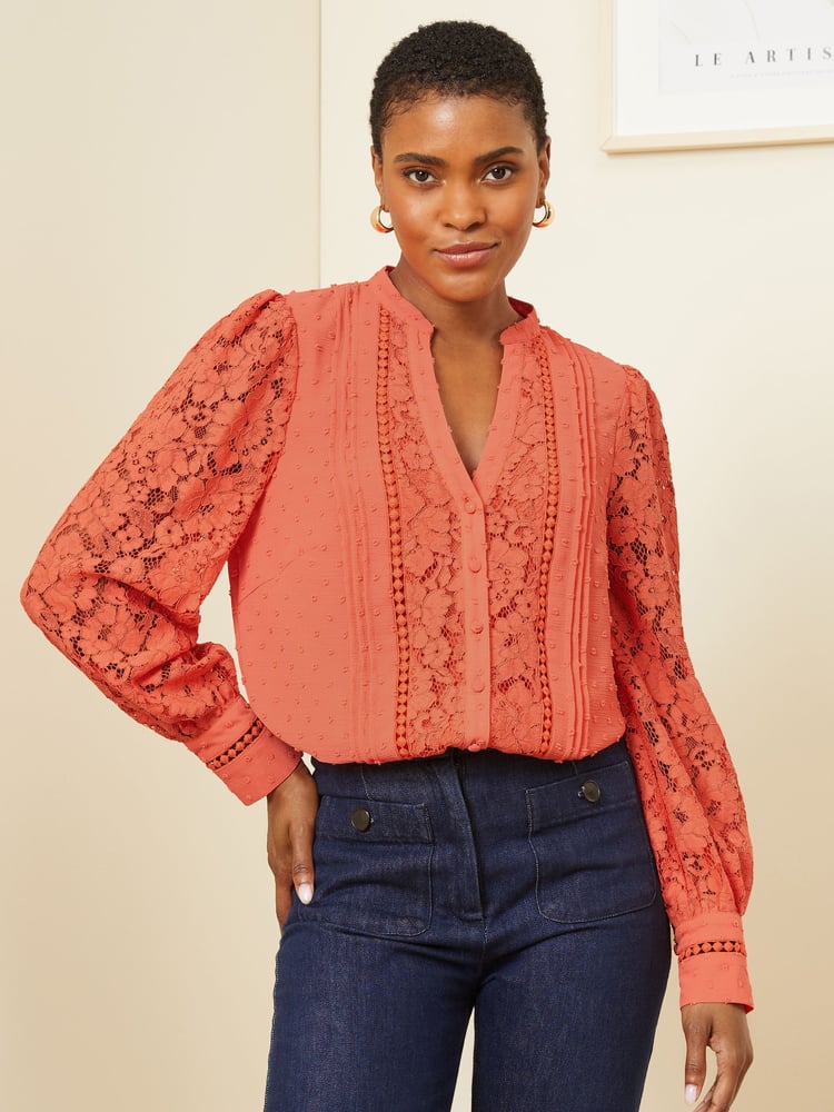 Love & Roses Coral Orange Lace Long Sleeve Button Front V Neck Blouse - Image 1 of 4