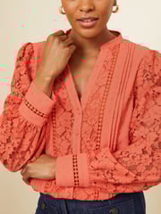Love & Roses Coral Orange Lace Long Sleeve Button Front V Neck Blouse - Image 2 of 4