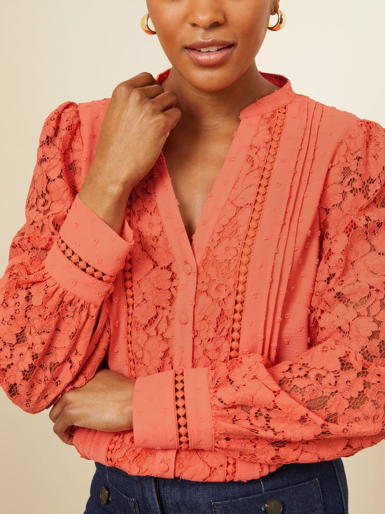 Love & Roses Coral Orange Lace Long Sleeve Button Front V Neck Blouse - Image 2 of 4