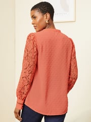 Love & Roses Coral Orange Lace Long Sleeve Button Front V Neck Blouse - Image 3 of 4