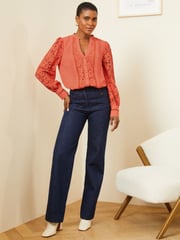 Love & Roses Coral Orange Lace Long Sleeve Button Front V Neck Blouse - Image 4 of 4
