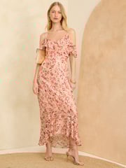 Love & Roses Pink Printed Cold Shoulder Midaxi Dress - Image 1 of 4