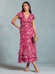 Love & Roses Red Floral Metallic Ruffle Detail Cap Sleeve Midi Dress - Image 1 of 4