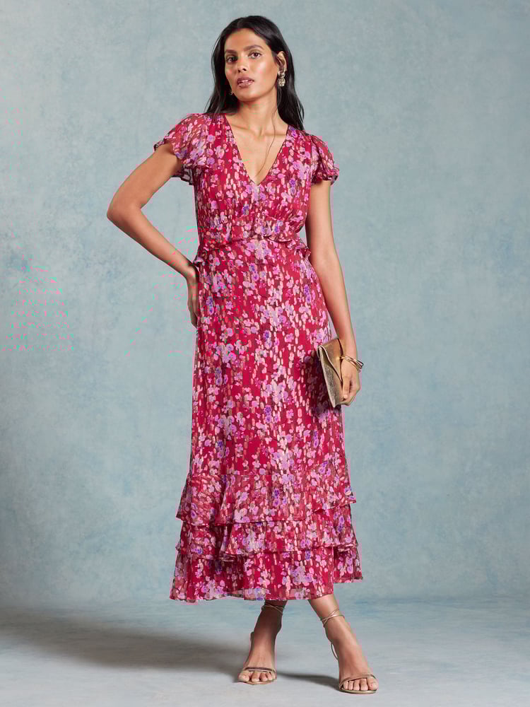 Love & Roses Red Floral Metallic Ruffle Detail Cap Sleeve Midi Dress - Image 1 of 4