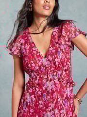 Love & Roses Red Floral Metallic Ruffle Detail Cap Sleeve Midi Dress - Image 2 of 4