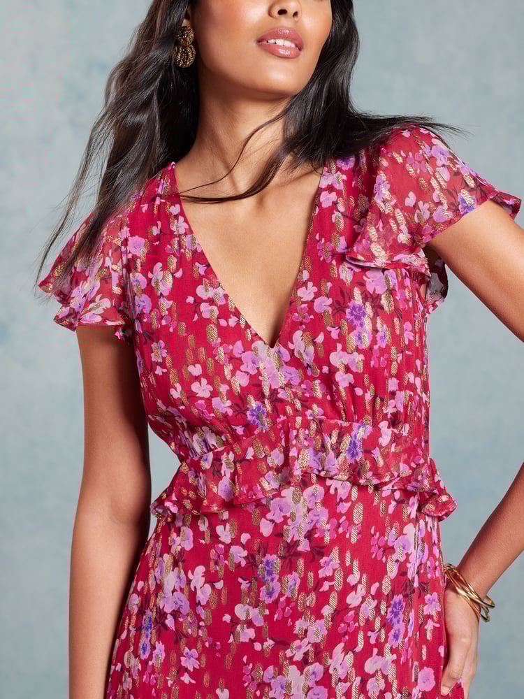 Love & Roses Red Floral Metallic Ruffle Detail Cap Sleeve Midi Dress - Image 2 of 4
