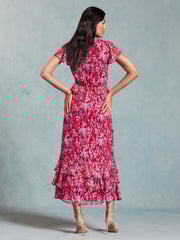 Love & Roses Red Floral Metallic Ruffle Detail Cap Sleeve Midi Dress - Image 3 of 4