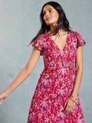 Love & Roses Red Floral Metallic Ruffle Detail Cap Sleeve Midi Dress - Image 4 of 4