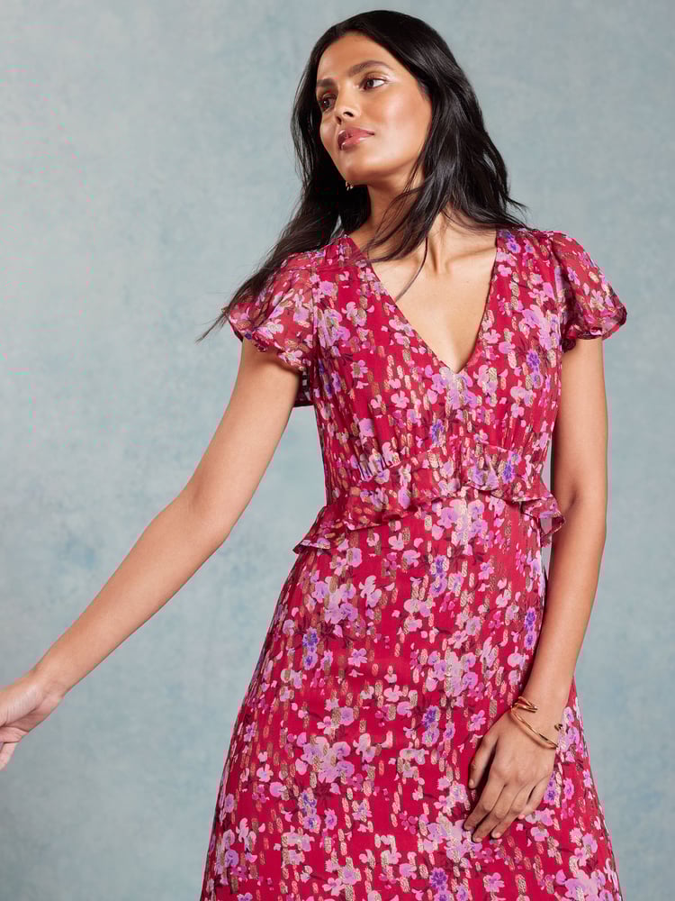 Love & Roses Red Floral Metallic Ruffle Detail Cap Sleeve Midi Dress - Image 4 of 4