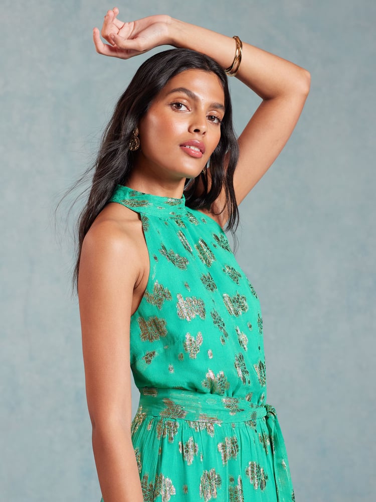 Love & Roses Green Metallic Petite Halterneck Belted Ruffle Maxi Dress - Image 4 of 4