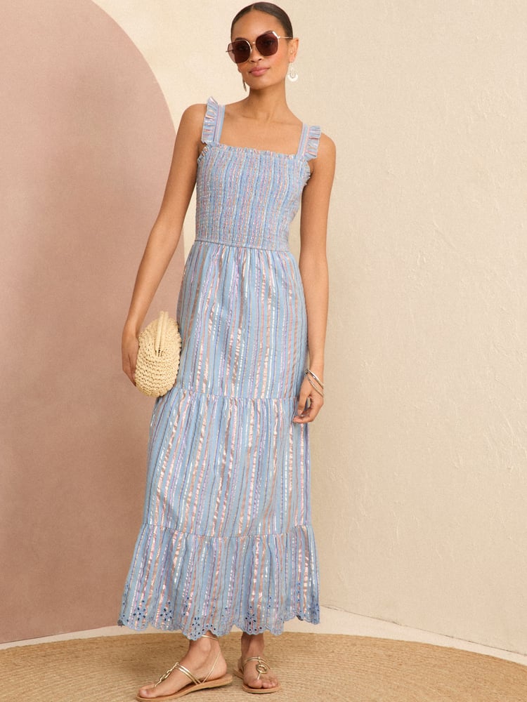 Love & Roses Blue Metallic Strappy Shirred Maxi Summer Dress - Image 1 of 4