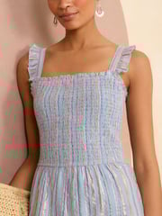 Love & Roses Blue Metallic Strappy Shirred Maxi Summer Dress - Image 2 of 4