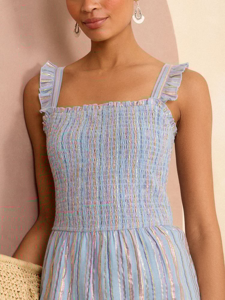 Love & Roses Blue Metallic Strappy Shirred Maxi Summer Dress - Image 2 of 4