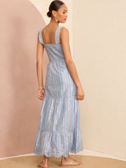 Love & Roses Blue Metallic Strappy Shirred Maxi Summer Dress - Image 3 of 4