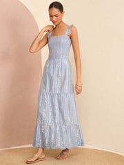 Love & Roses Blue Metallic Strappy Shirred Maxi Summer Dress - Image 4 of 4