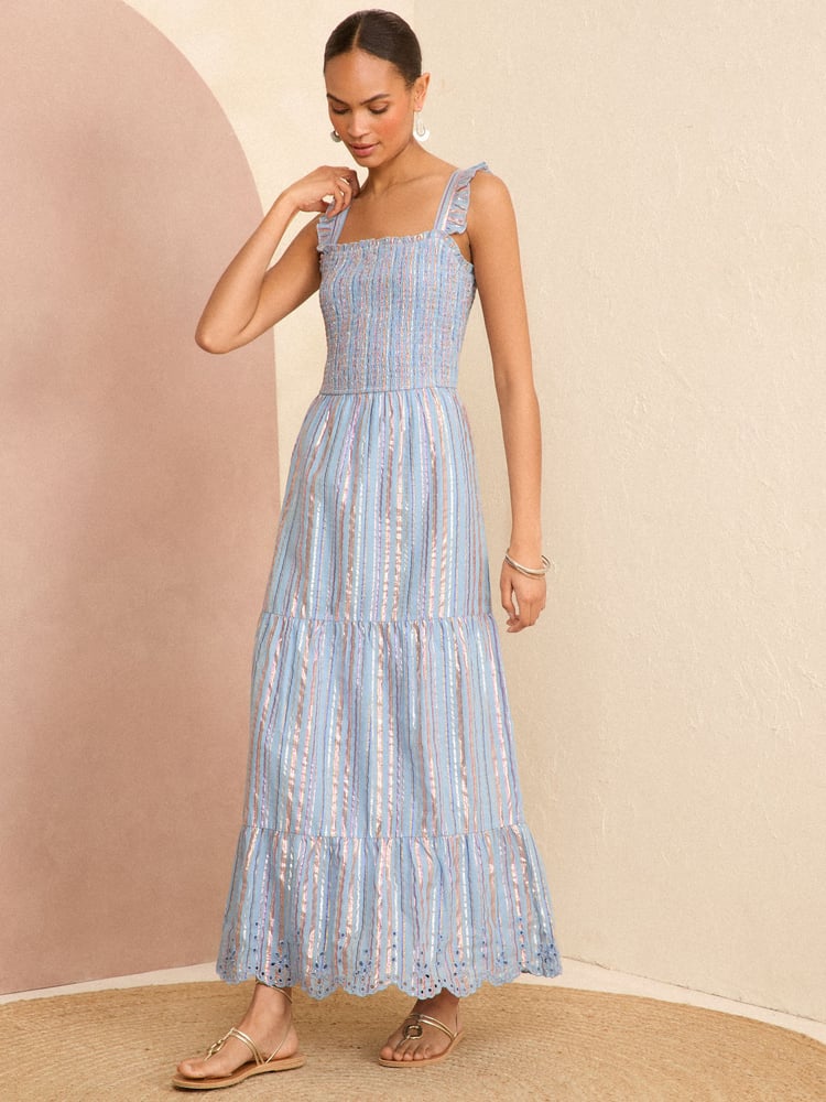 Love & Roses Blue Metallic Strappy Shirred Maxi Summer Dress - Image 4 of 4