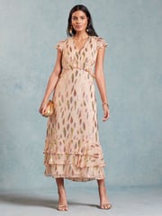 Love & Roses Pink Metallic Petite Ruffle Detail Cap Sleeve Midi Dress - Image 1 of 4