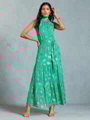 Love & Roses Green Metallic Halterneck Belted Ruffle Maxi Dress - Image 1 of 4