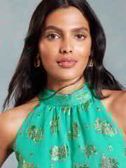 Love & Roses Green Metallic Halterneck Belted Ruffle Maxi Dress - Image 2 of 4