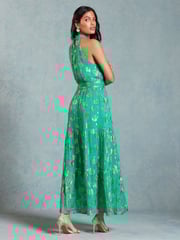 Love & Roses Green Metallic Halterneck Belted Ruffle Maxi Dress - Image 3 of 4
