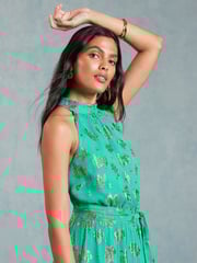 Love & Roses Green Metallic Halterneck Belted Ruffle Maxi Dress - Image 4 of 4
