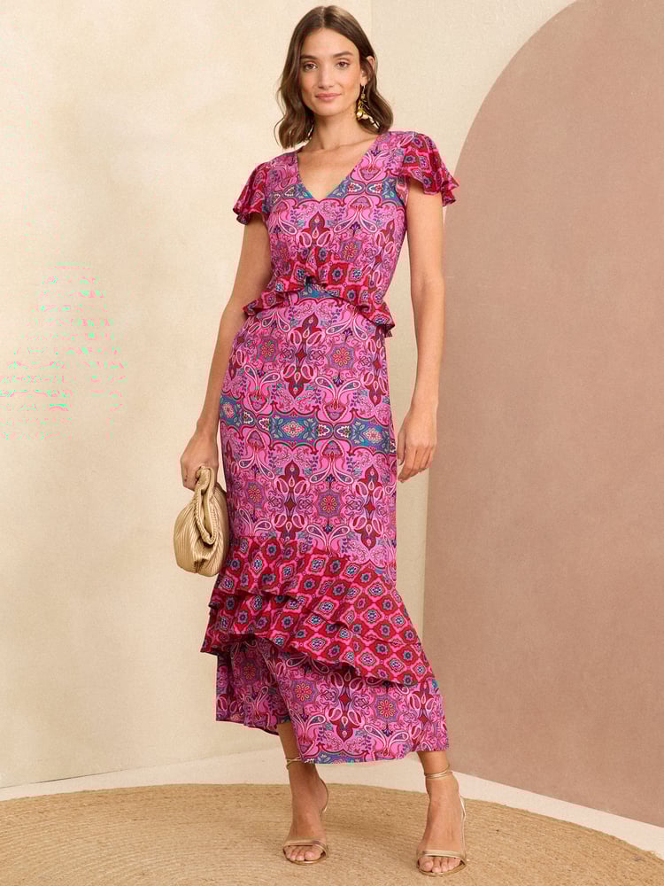 Love & Roses Pink Tile Ruffle Detail Cap Sleeve Midi Dress - Image 1 of 4 Love & Roses Pink Tile Ruffle Detail Cap Sleeve Midi Dress - Image 1 of 4