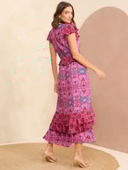 Love & Roses Pink Tile Ruffle Detail Cap Sleeve Midi Dress - Image 3 of 4