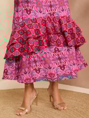 Love & Roses Pink Tile Ruffle Detail Cap Sleeve Midi Dress - Image 4 of 4