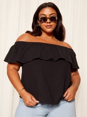 Curves Like These Black Linen Look Bardot Top - Image 1 of 4