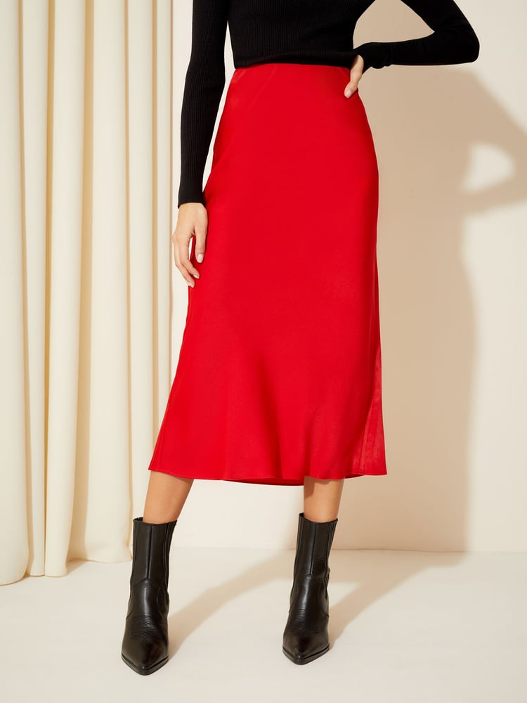 Friends Like These Bright Red Satin Bias Midi Skirt - Image 1 of 4 Friends Like These Bright Red Satin Bias Midi Skirt - Image 1 of 4
