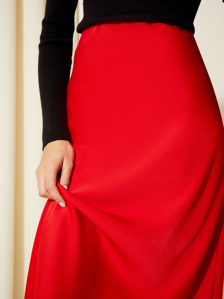 Friends Like These Bright Red Satin Bias Midi Skirt - Image 2 of 4 Friends Like These Bright Red Satin Bias Midi Skirt - Image 2 of 4
