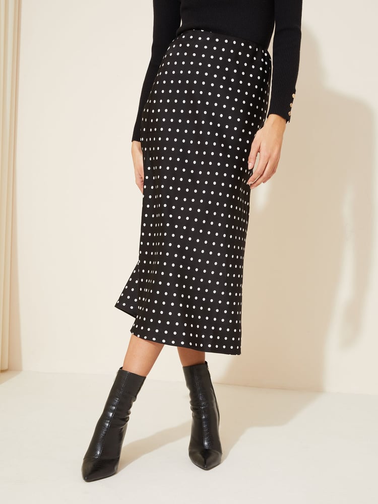 Curves Like These Black Polka Dot Satin Bias Midi Skirt - Image 1 of 4 Curves Like These Black Polka Dot Satin Bias Midi Skirt - Image 1 of 4