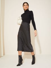 Curves Like These Black Polka Dot Satin Bias Midi Skirt - Image 2 of 4