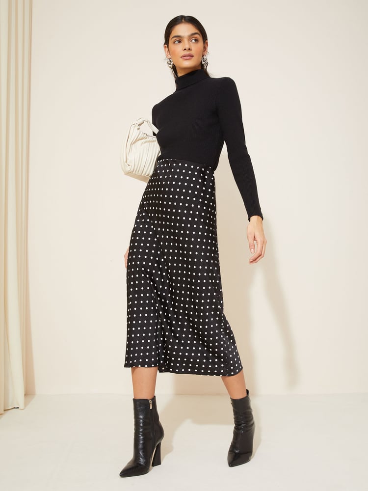 Curves Like These Black Polka Dot Satin Bias Midi Skirt - Image 2 of 4 Curves Like These Black Polka Dot Satin Bias Midi Skirt - Image 2 of 4