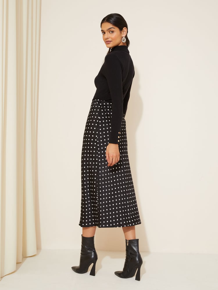 Curves Like These Black Polka Dot Satin Bias Midi Skirt - Image 4 of 4 Curves Like These Black Polka Dot Satin Bias Midi Skirt - Image 4 of 4