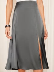 Friends Like These Grey Asymmetrical Satin Midi Skirt - Image 3 of 4