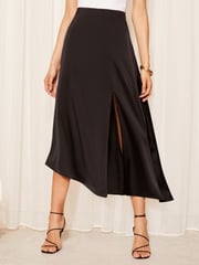 Friends Like These Black Asymmetrical Satin Midi Skirt - Image 1 of 4