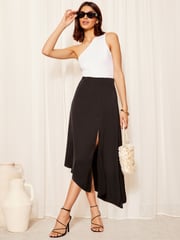 Friends Like These Black Asymmetrical Satin Midi Skirt - Image 2 of 4