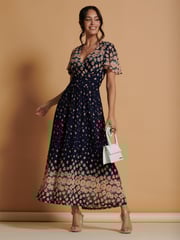 Jolie Moi Navy Blue Mirrored Mesh Angel Sleeve Maxi Dress - Image 1 of 6