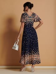 Jolie Moi Navy Blue Mirrored Mesh Angel Sleeve Maxi Dress - Image 2 of 6