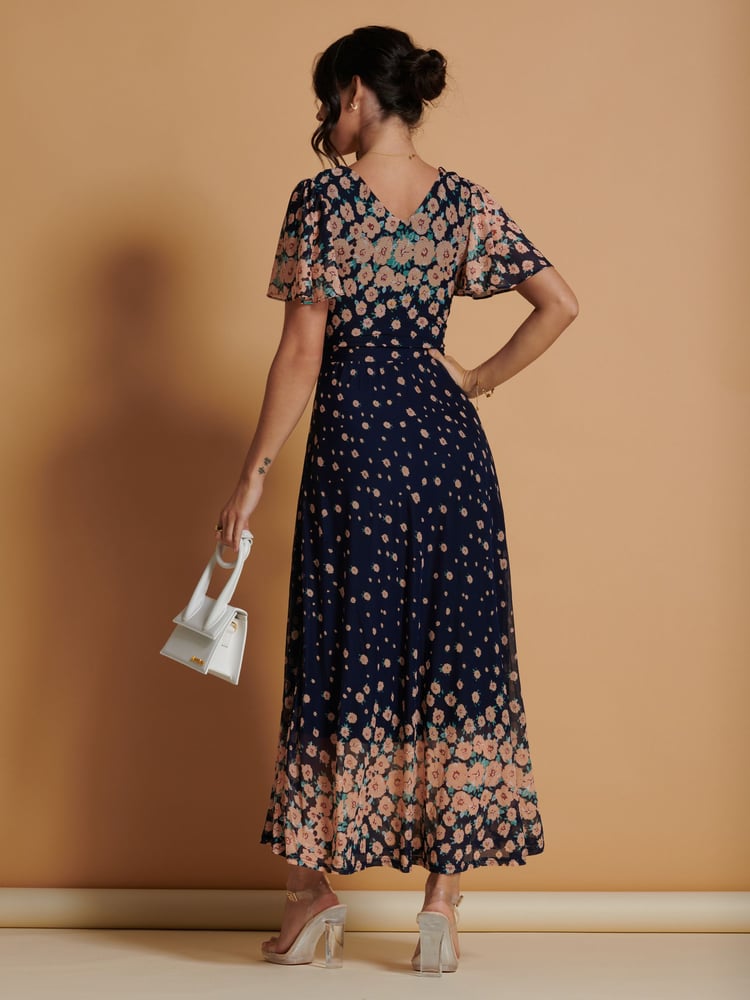 Jolie Moi Navy Blue Mirrored Mesh Angel Sleeve Maxi Dress - Image 2 of 6