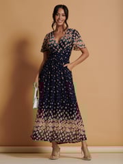 Jolie Moi Navy Blue Mirrored Mesh Angel Sleeve Maxi Dress - Image 3 of 6